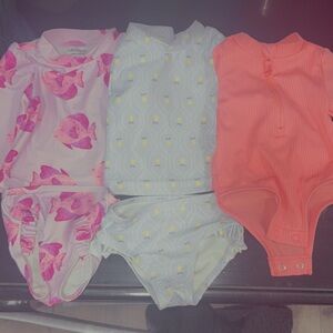3 Carter's Pink, Light Blue & Coral Long-Sleeve One-Piece Swimsuit bundle